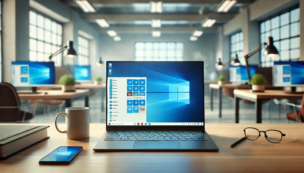 una laptop abierta situada sobre una mesa de madera en un ambiente de oficina tipo espacio abierto