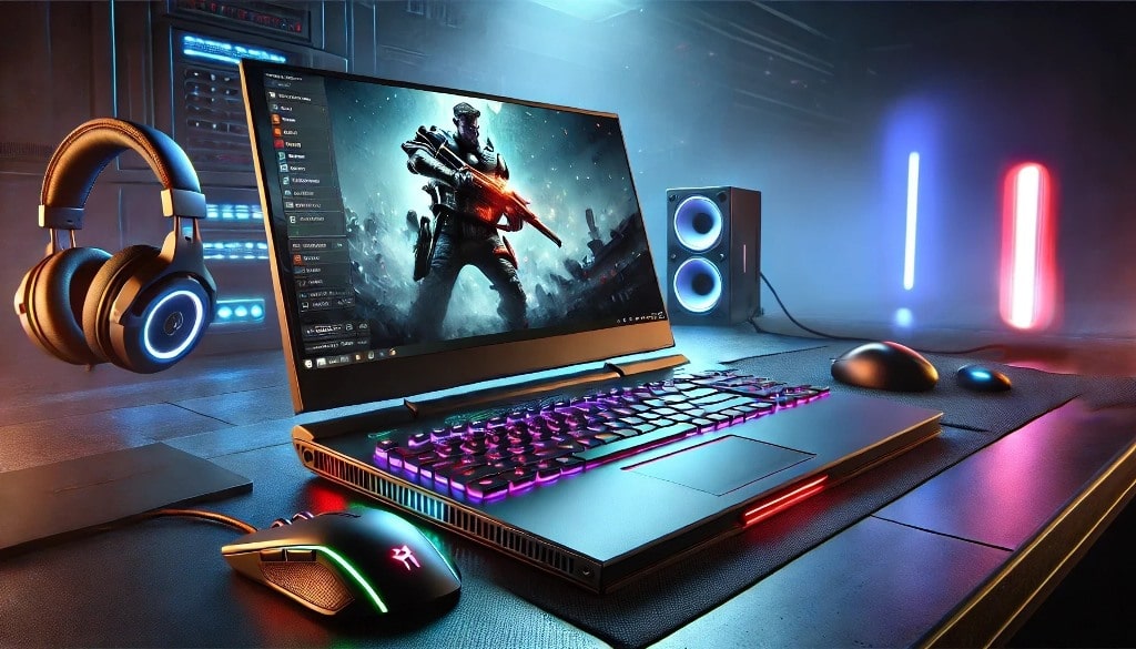 una laptop gamer y accesorios sobe un escritorio