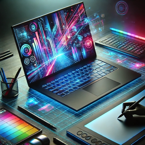 una laptop moderna en setup de trabajo de un diseñador grafico formato cuadrado
