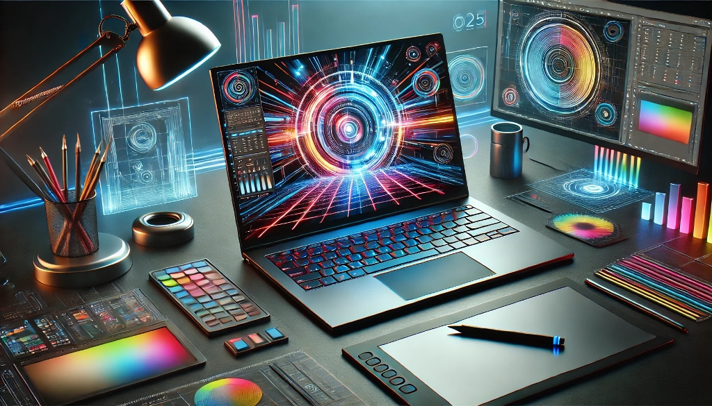 una laptop moderna en setup de trabajo de un diseñador grafico