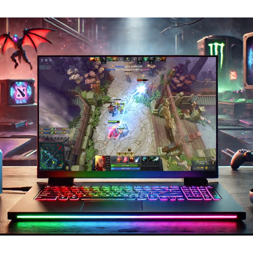 una laptop gamer en una habitacion con luces rgb mostrando en pantallaun una escena del juego Dota 2 formato 1:1 cuadrado